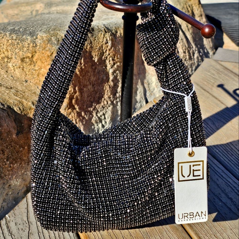 URBAN EXPRESSIONS KNOTTED HANDLE BLACK RHINESTONE BLING EVENING BAG  NWT